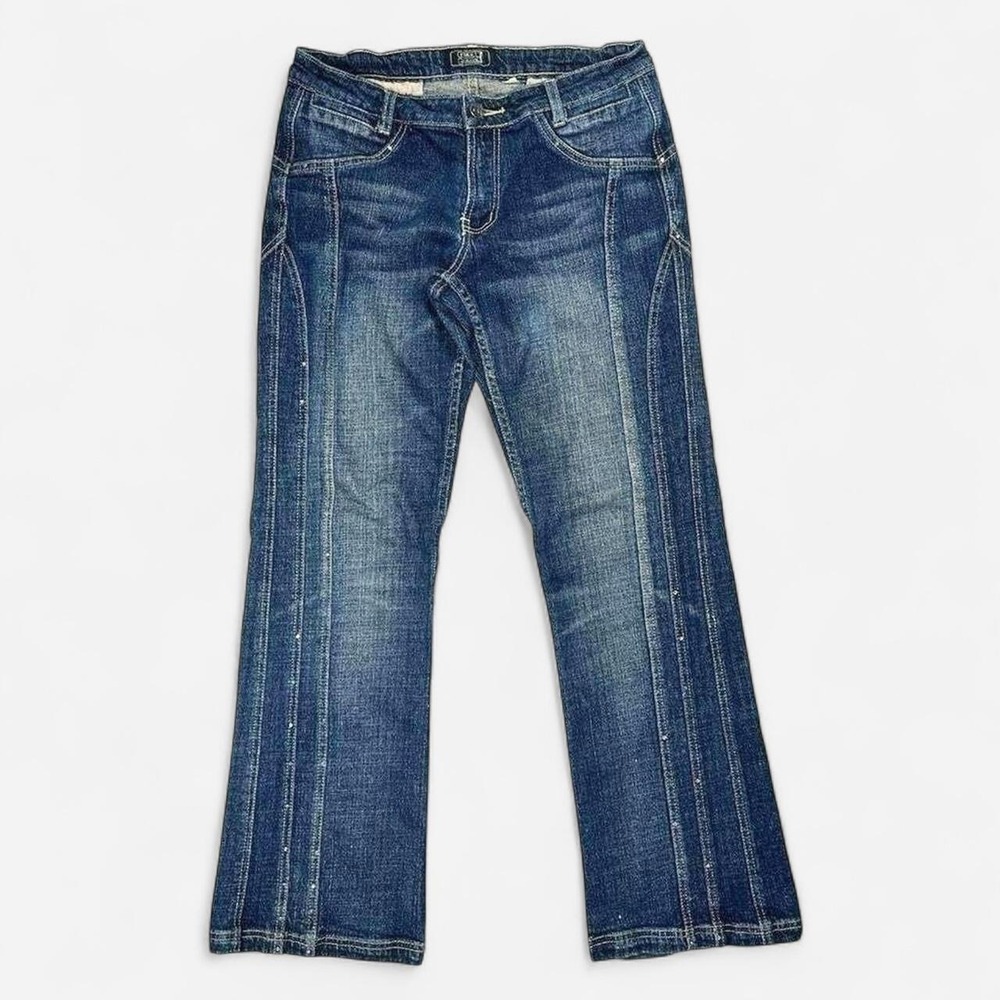 Vintage Y2K Flared Crest Jeans with Rhinestone and Side Seam Embellishments